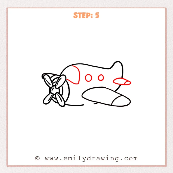 how to draw a cartoon airplane - Cartoon airplane sketch showing a cockpit window, two round passenger windows, and a small tail wing added to the fuselage.